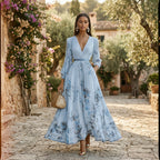 Light blue maxi dress with V-neck and long sleeves, gathered waist, floral print