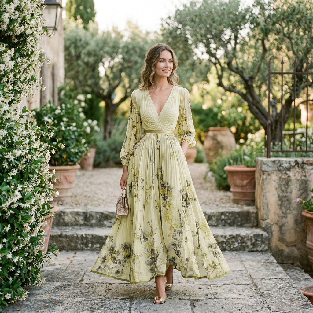 Light green maxi dress with V-neck, gathered waist, long sleeves, floral print
