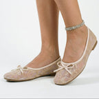 Light pink lace mesh ballet flats with bow and round toe, flat sole