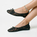 Black lace mesh ballet flats with bow and round toe, flat low sole