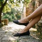 Black lace mesh ballet flats with bow, low profile sole, round toe