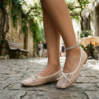 Beige-pink lace mesh ballet flats with bow, round toe, and thin strap trim