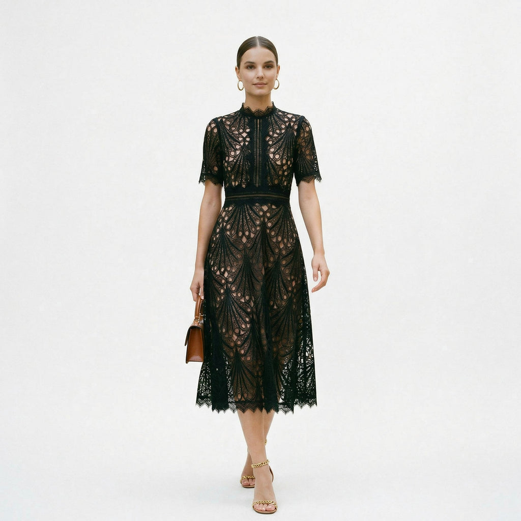 Black lace midi dress with short sleeves and fitted waist detail