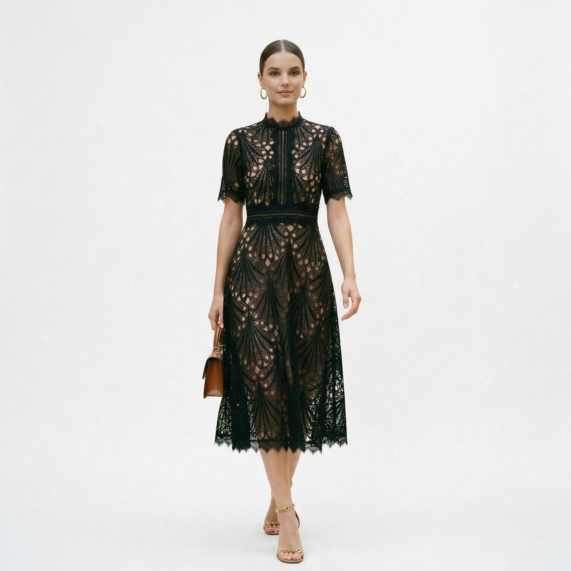 Black lace midi dress with short sleeves and fitted waist detail