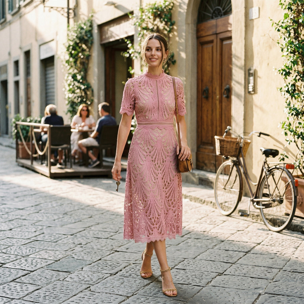 Pink lace midi dress with short sleeves and fitted waistband detail