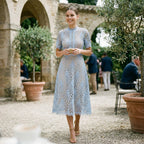 Light blue lace midi dress with scalloped overlay and short sleeves