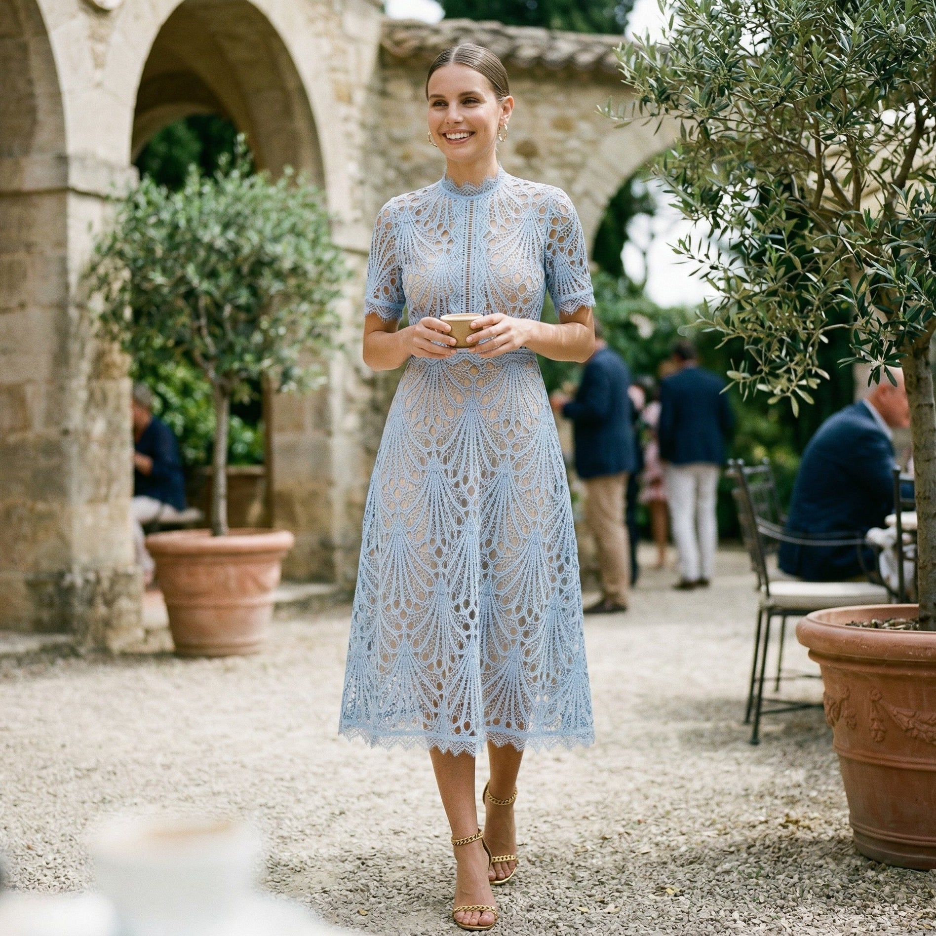 Light blue lace midi dress with scalloped overlay and short sleeves