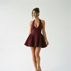 Wine halter A-line mini dress with deep V neckline and swing flared skirt