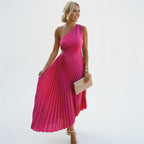 Pink one-shoulder pleated maxi dress, sleeveless fit