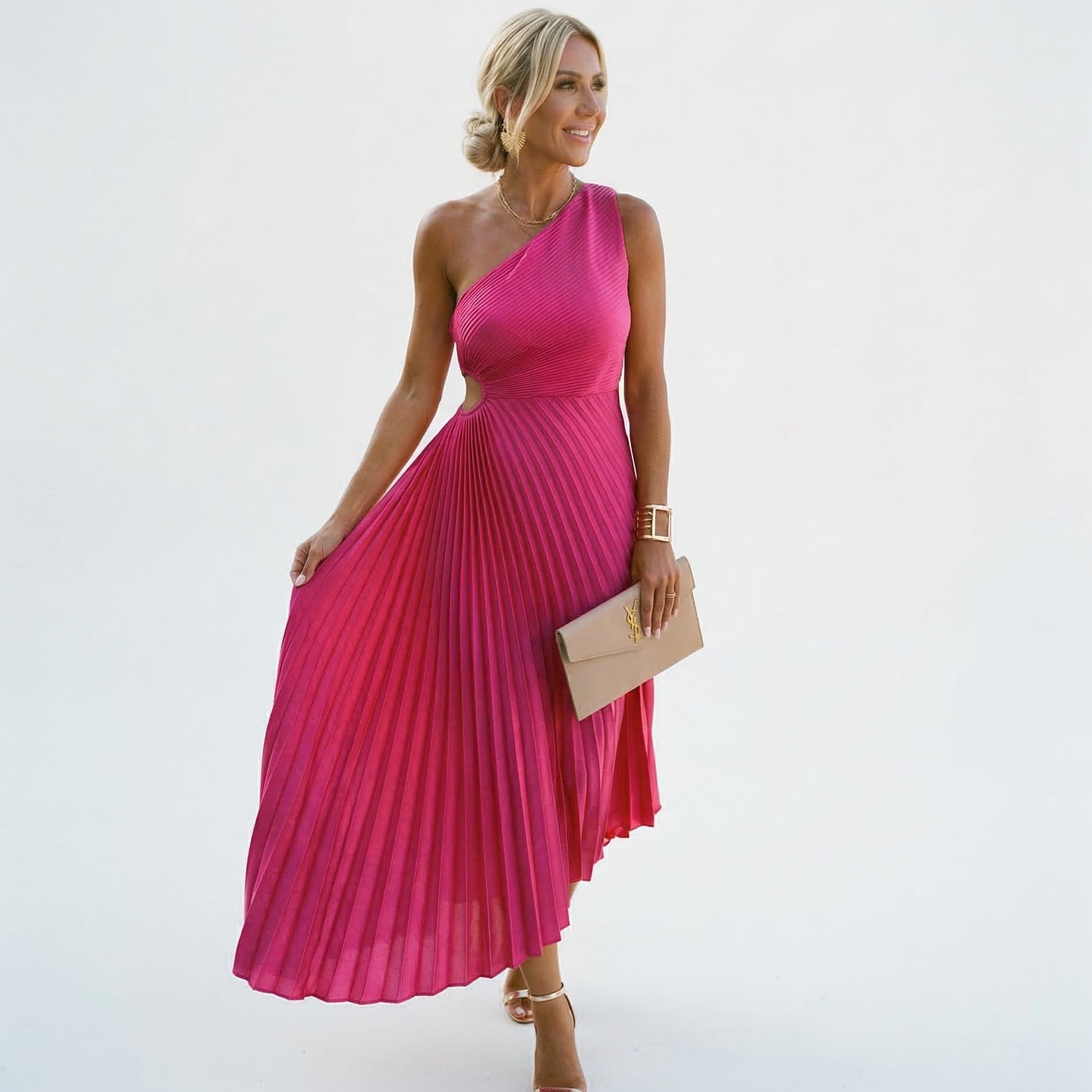 Pink one-shoulder pleated maxi dress, sleeveless fit