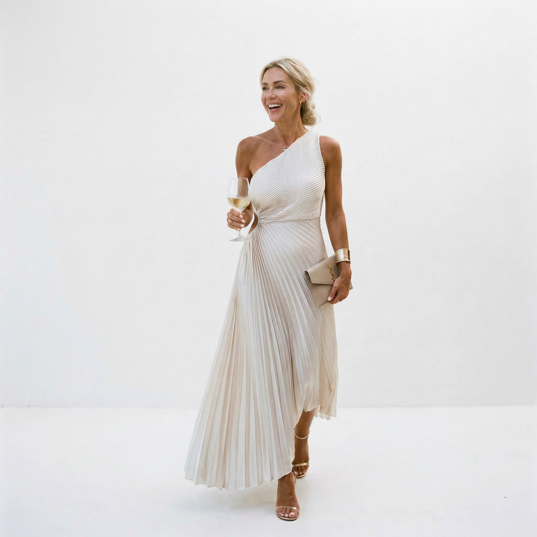 White one-shoulder pleated maxi dress, sleeveless fit
