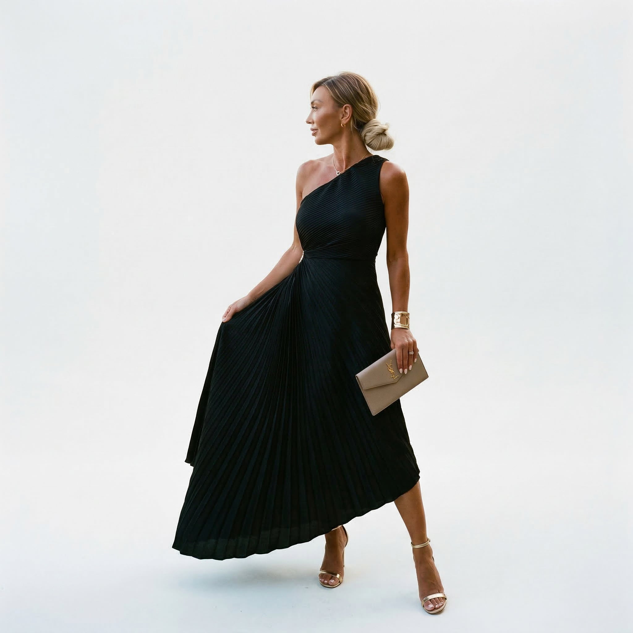 Black one-shoulder pleated maxi dress, sleeveless fit