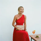 Red one-shoulder pleated maxi dress, sleeveless fit