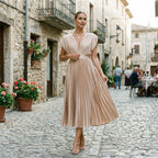 Champagne pleated V-neck dress with short sleeves and gathered waist, mid-calf length