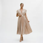Champagne pleated V-neck dress with short sleeves and gathered waist, full skirt mid-calf