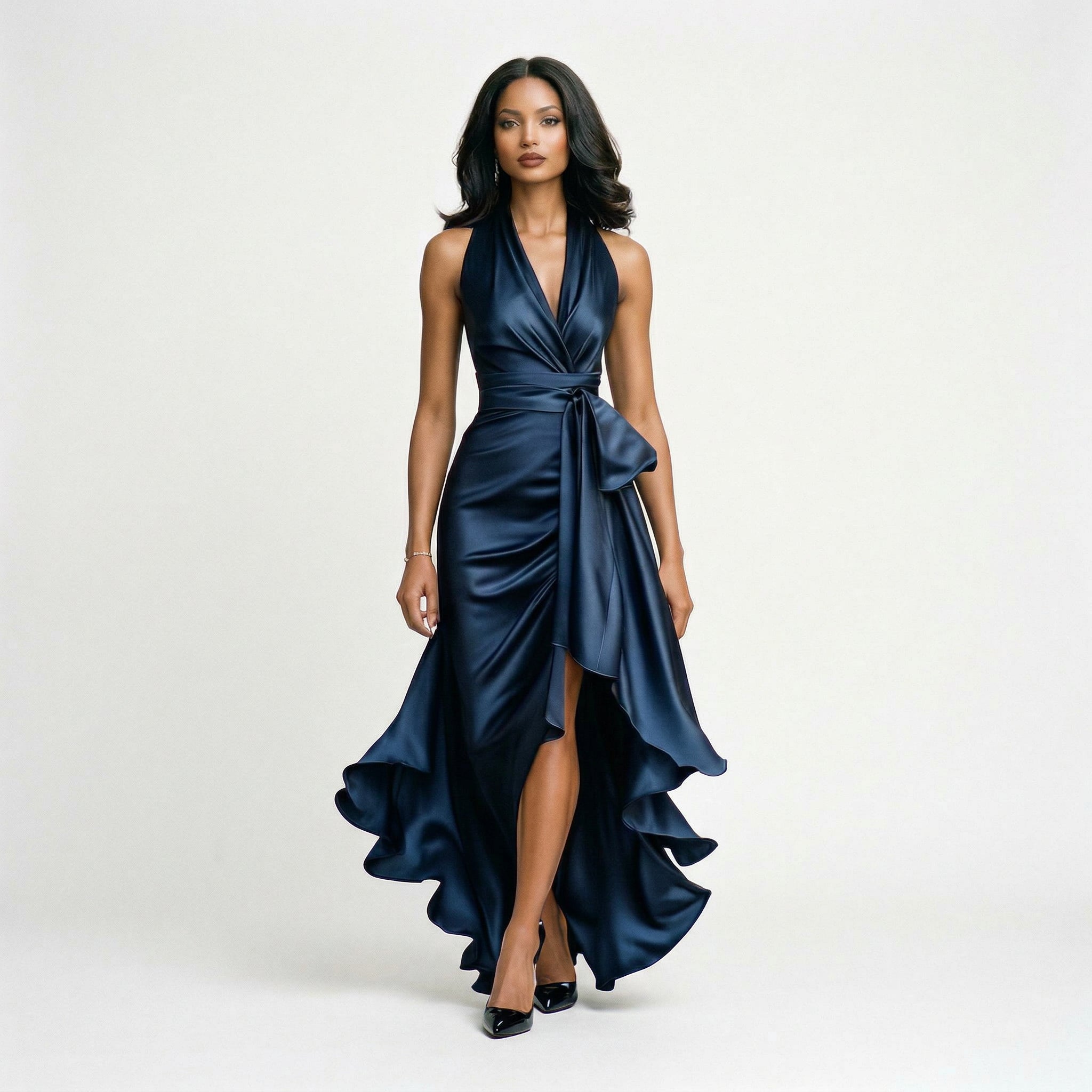 Navy satin halter gown with draped twist front, tie detail, and high slit