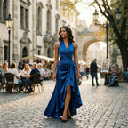 Royal blue satin halter gown with gathered waist tie and asymmetrical skirt