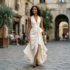 Ivory satin halter gown with gathered twist waist and layered ruffle skirt
