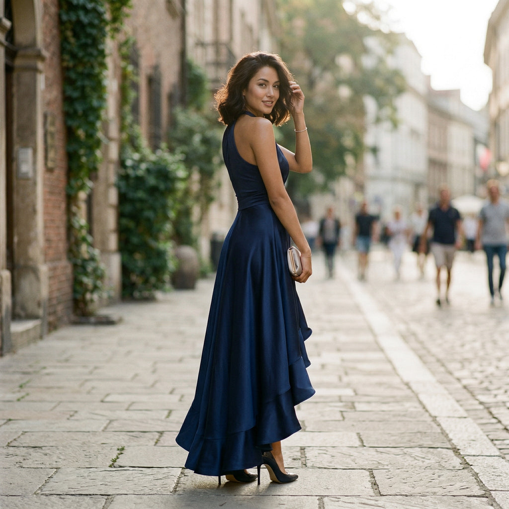 Navy satin halter gown with V neckline and layered asymmetrical ruffle hem