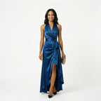 Royal blue satin halter gown with draped twist front, tie detail, and high slit