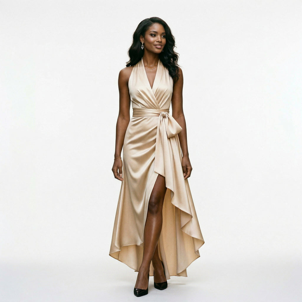 Champagne satin halter gown with draped twist front, tie detail, and high slit