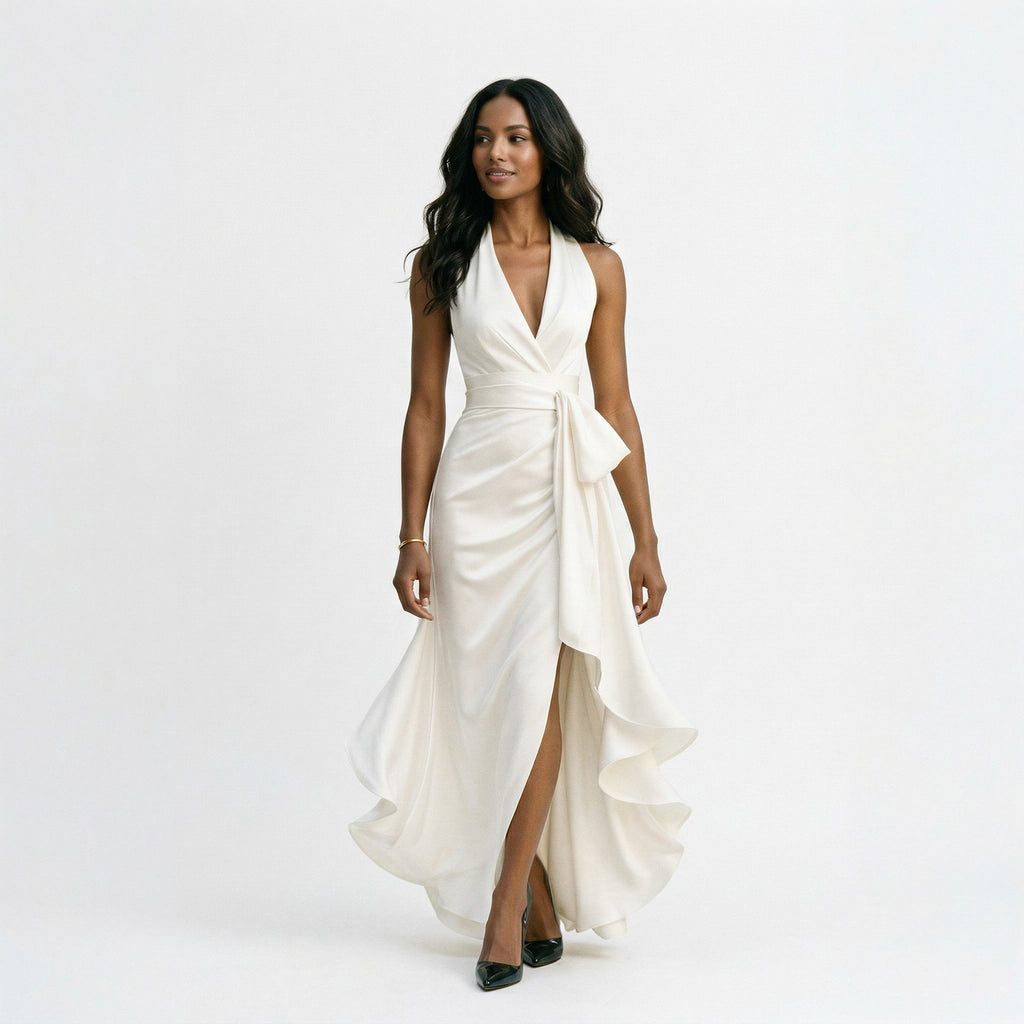 White satin halter gown with draped twist front, tie detail, and high slit