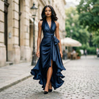Navy satin halter gown with draped knot waist and layered ruffle skirt
