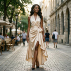 Champagne satin halter gown with twist waist and layered asymmetrical ruffle hem