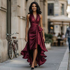 Burgundy satin halter gown with knot waist detail and layered ruffle hem