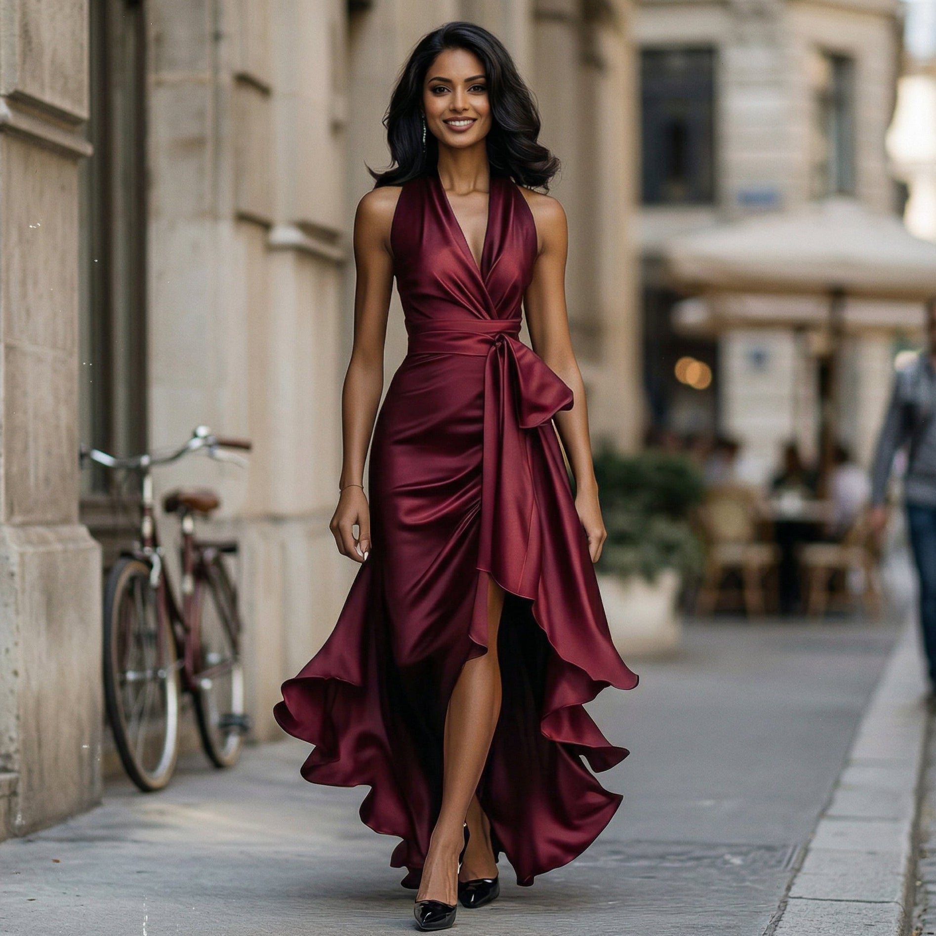 Burgundy satin halter gown with knot waist detail and layered ruffle hem