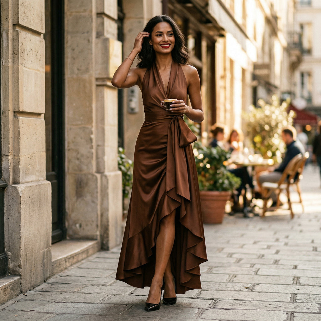 Brown satin halter gown with draped knot waist and layered ruffle skirt