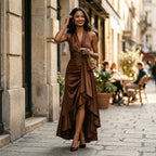 Brown satin halter gown with draped knot waist and layered ruffle skirt