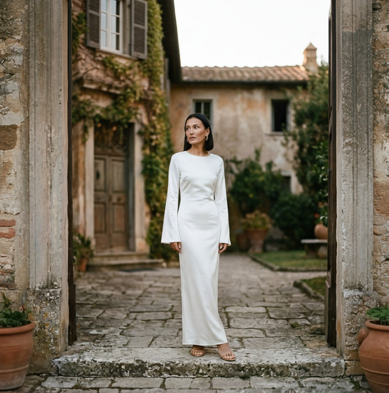 Cream long-sleeve maxi dress with tie waist, fitted silhouette