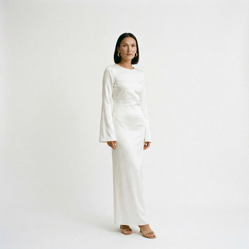 Cream long-sleeve maxi dress with round neck and tie waist