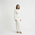Cream long-sleeve maxi dress with round neck and tie waist