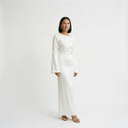Cream long-sleeve maxi dress with round neck and tie waist