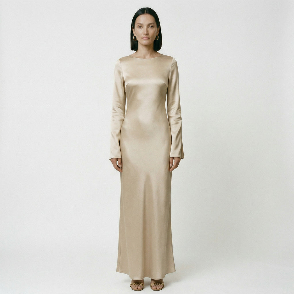 Sand long-sleeve maxi dress with round neck and tie waist, long straight fit
