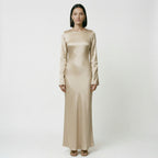 Sand long-sleeve maxi dress with round neck and tie waist, long straight fit