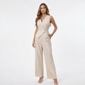 Beige sleeveless vest and wide-leg trouser set with V-neck and tailored waist