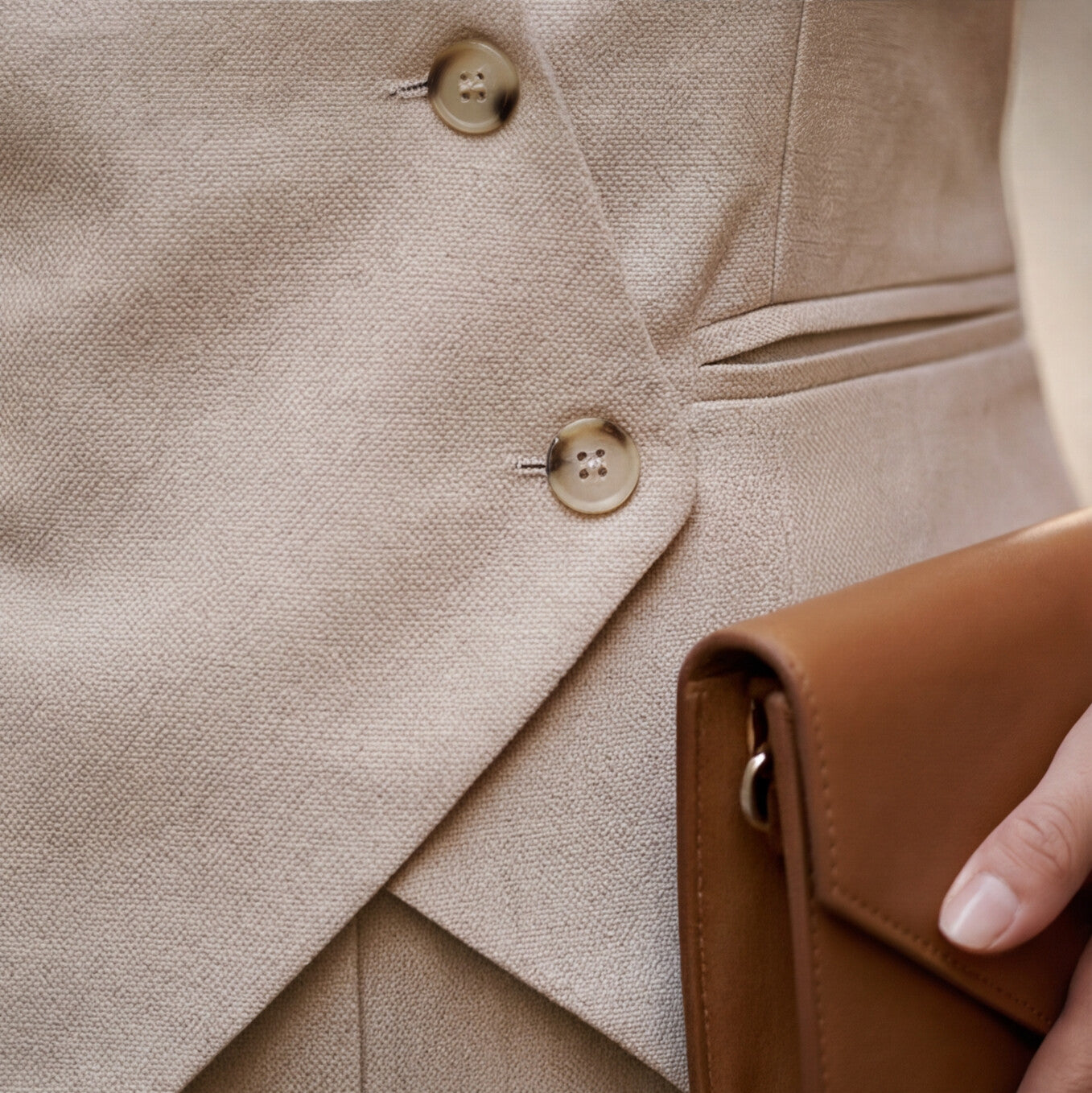 Beige vest button detail and fold-over waist seam with small front pocket flap