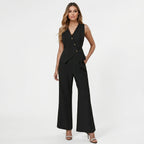 Black sleeveless vest and wide-leg trouser set with V-neck and button front