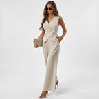 Beige sleeveless vest and wide-leg trouser set with V-neck and button front