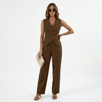 Brown sleeveless vest and wide-leg trouser set with button front and angled waist detail