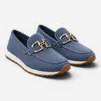 Blue mesh loafers pair, slip-on with gold horsebit detail and cushioned sole
