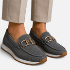 Dark gray mesh loafers, slip-on with gold horsebit detail and cushioned sole