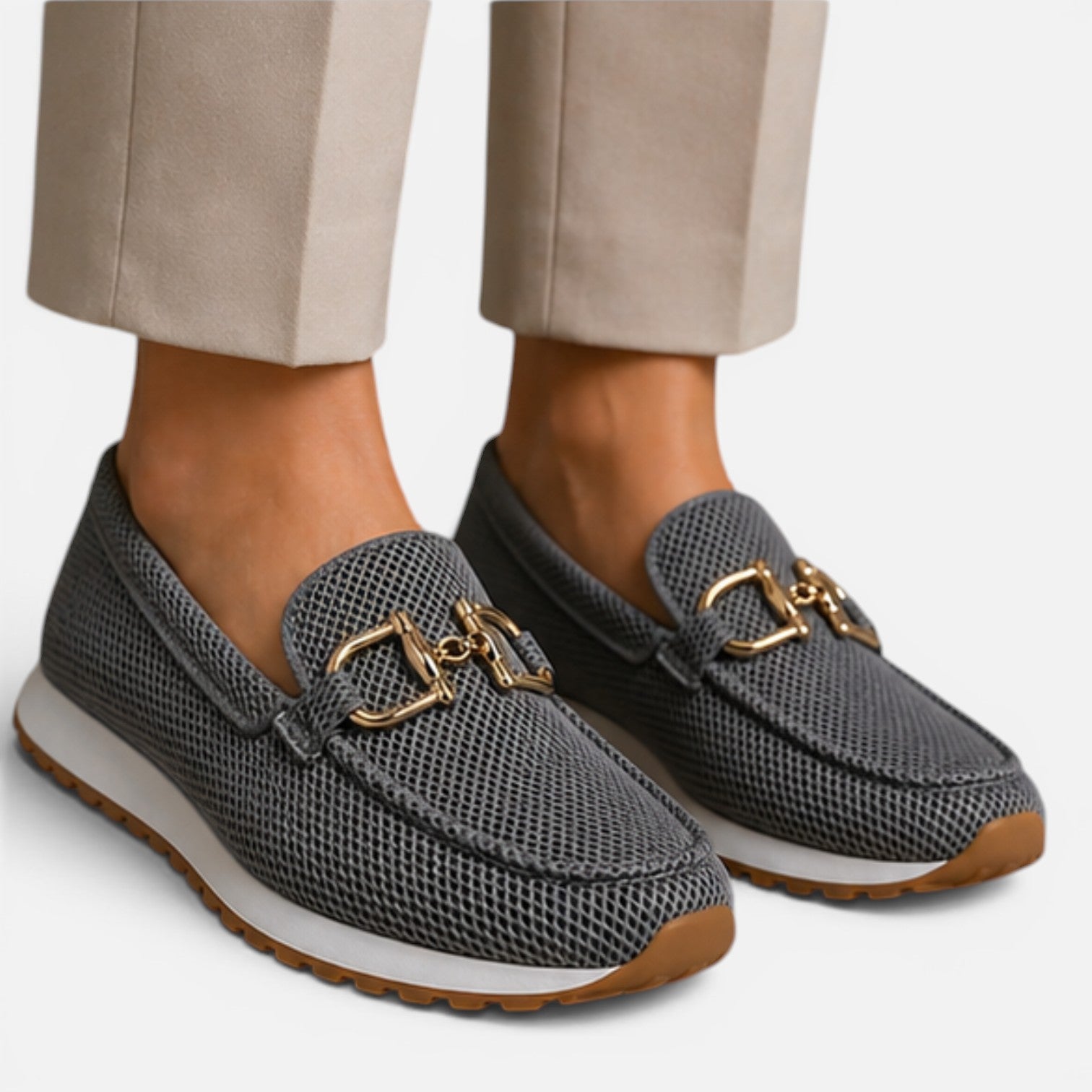 Dark gray mesh loafers, slip-on with gold horsebit detail and cushioned sole
