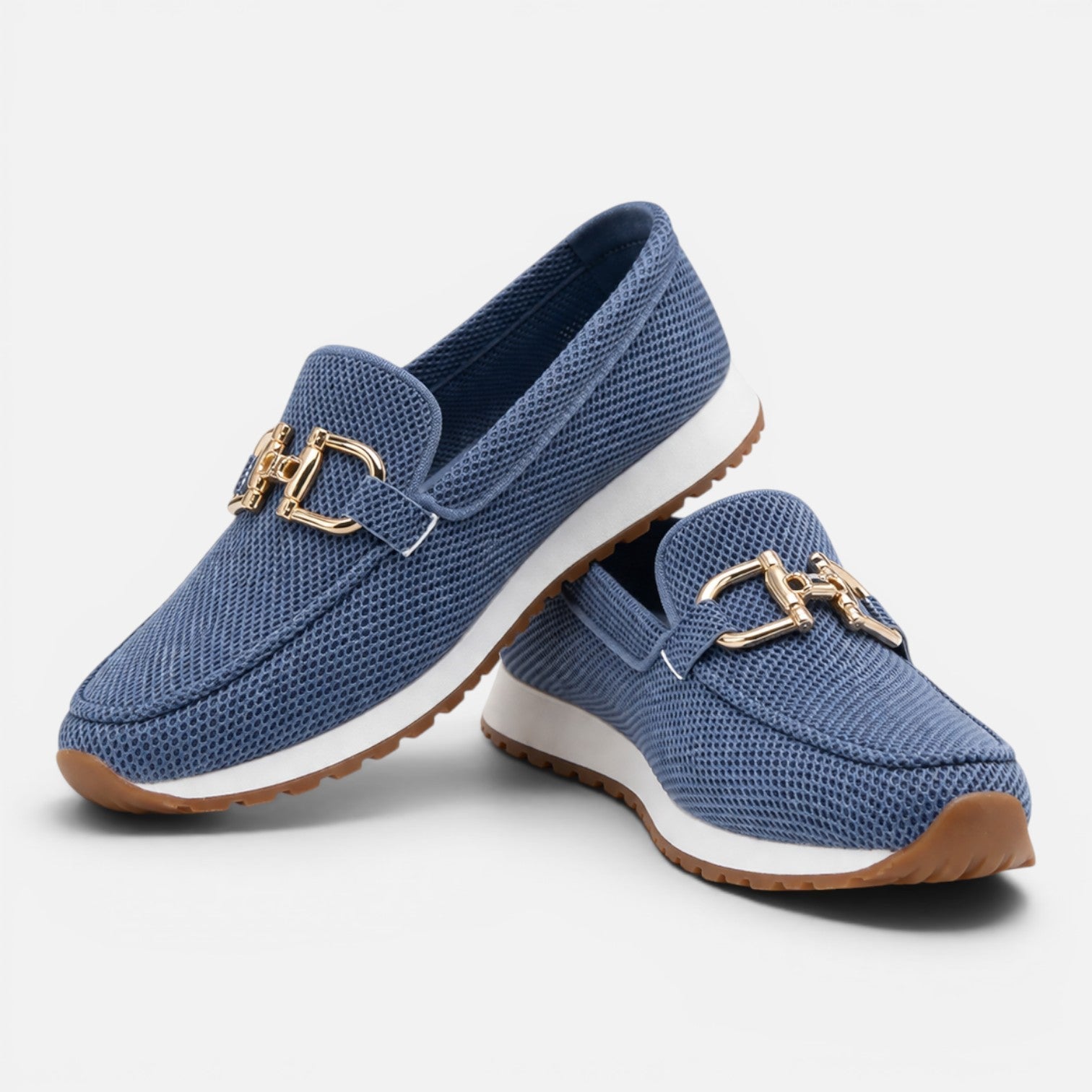 Blue mesh loafers, slip-on style with gold horsebit detail and cushioned sole