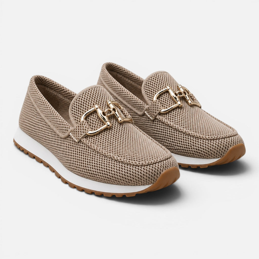 Beige mesh loafers pair, slip-on with gold horsebit detail and cushioned sole