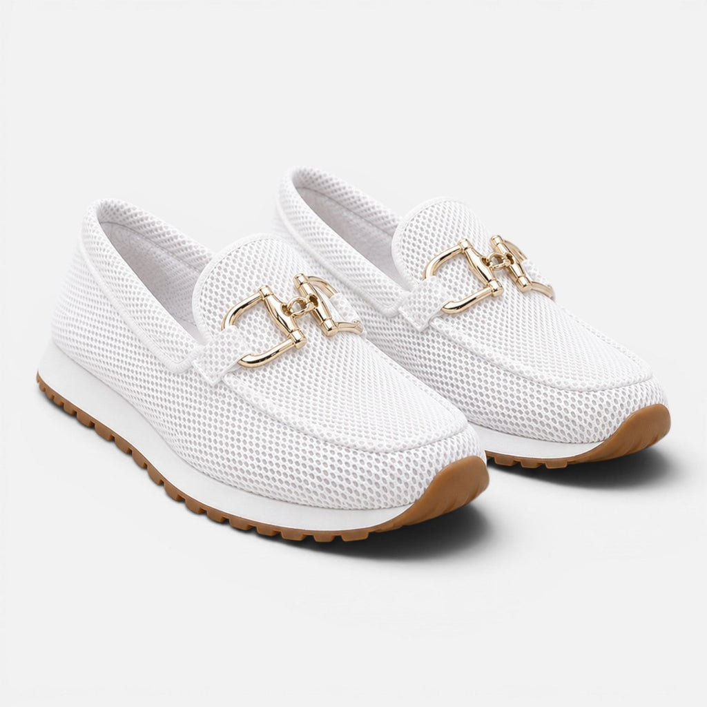 White mesh loafers, slip-on with gold horsebit detail and cushioned sole