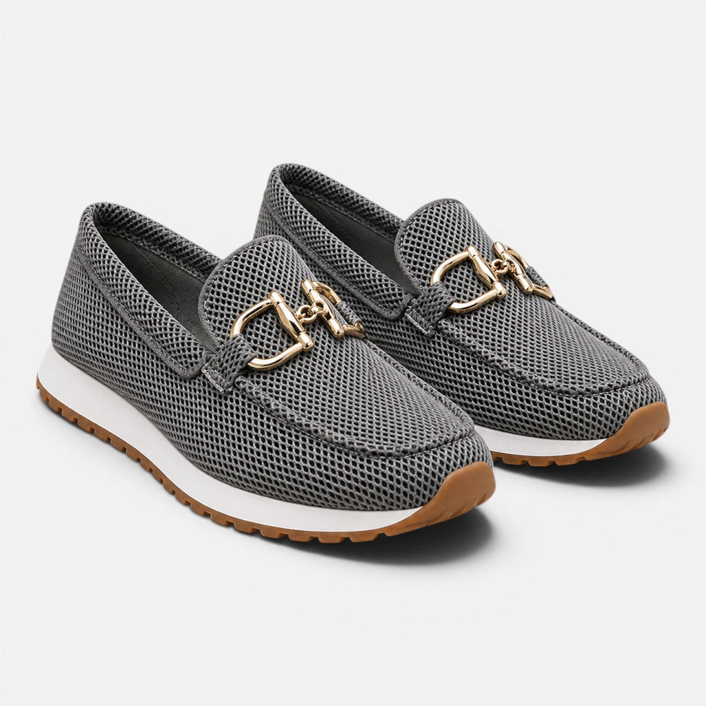 Dark gray mesh loafers pair, slip-on design with gold horsebit hardware